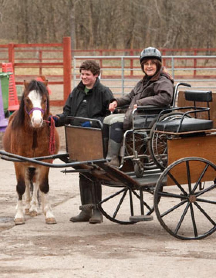 3 people, a pony and a two wheeled carriage